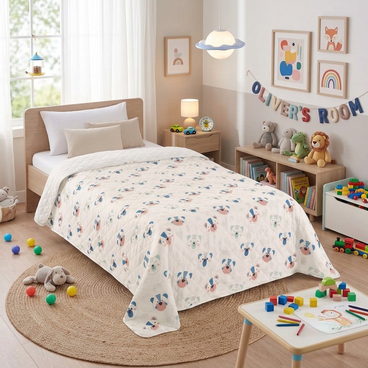 TRANKIELO® - Kinderkamer sprei met berenmotief - 170 x 210 cm - Bedsprei geschikt voor eenpersoonsbed - Zachte pastelkleuren
