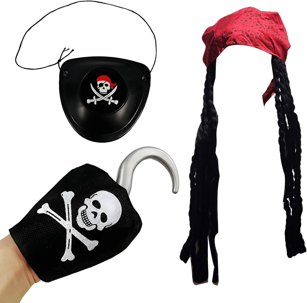 Complete piratenaccessoireset met hoed, oogklep, valse handhaak en bandana voor Halloween en verkleedfeestjes, uniseks, ideaal voor kinderen