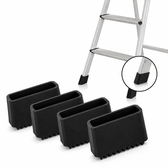 Vier zwarte rubberen ladderdoppen met geribbelde zolen, één dop op de ladderpoot geplaatst.