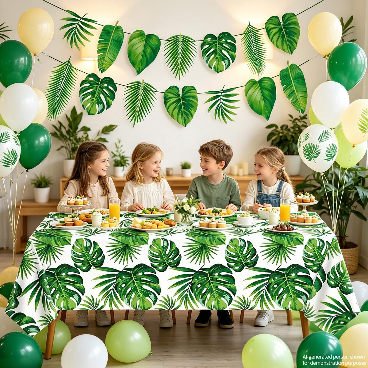 Set van 4 tafelkleden en slingers van palmbladeren – Hawaiiaanse tafelkleden met groene bladeren – met tropische - ShopVlot