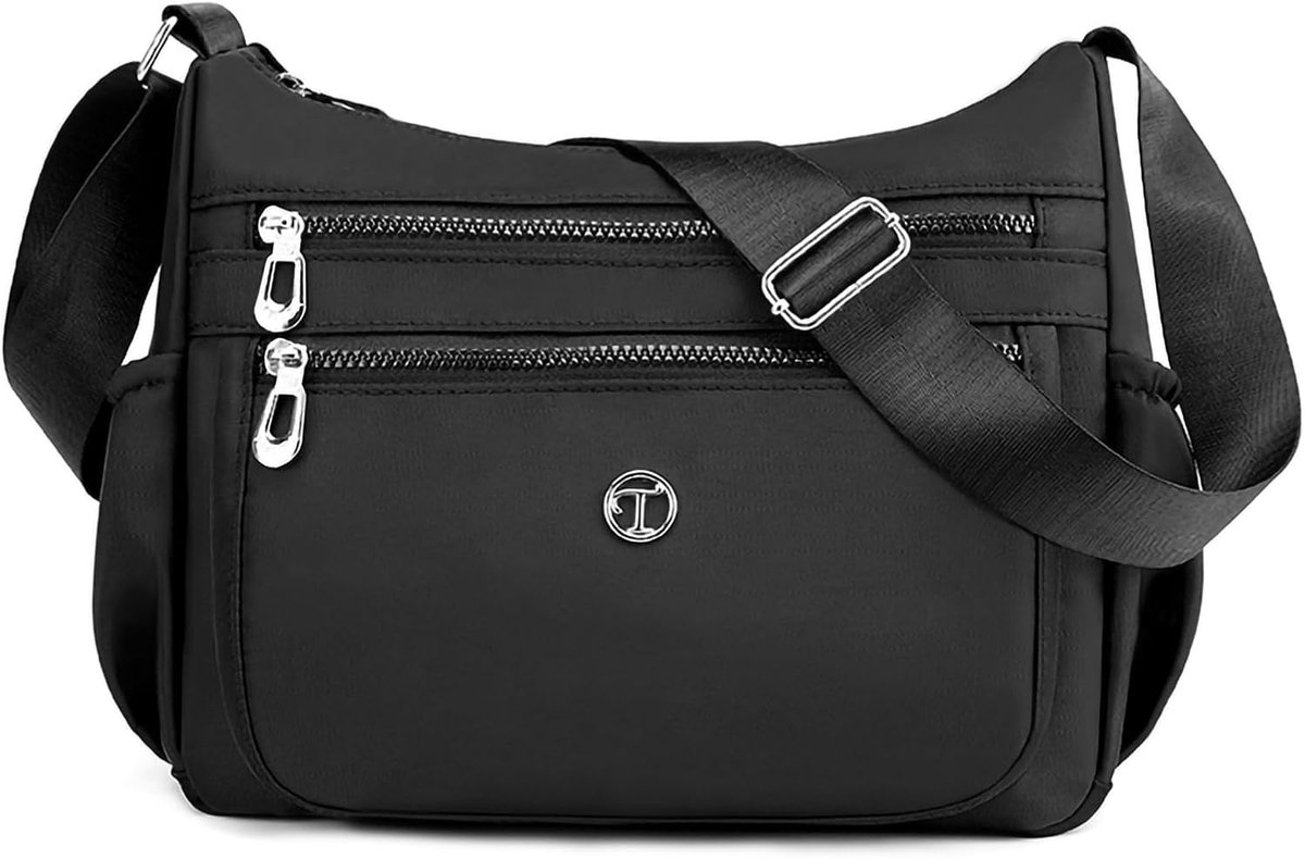 Casual Shoulder Bag Women Large Crossbody Handbag Ladies Lightweight Nylon Messenger Bag Multiple Pockets, Black, L - ShopVlot