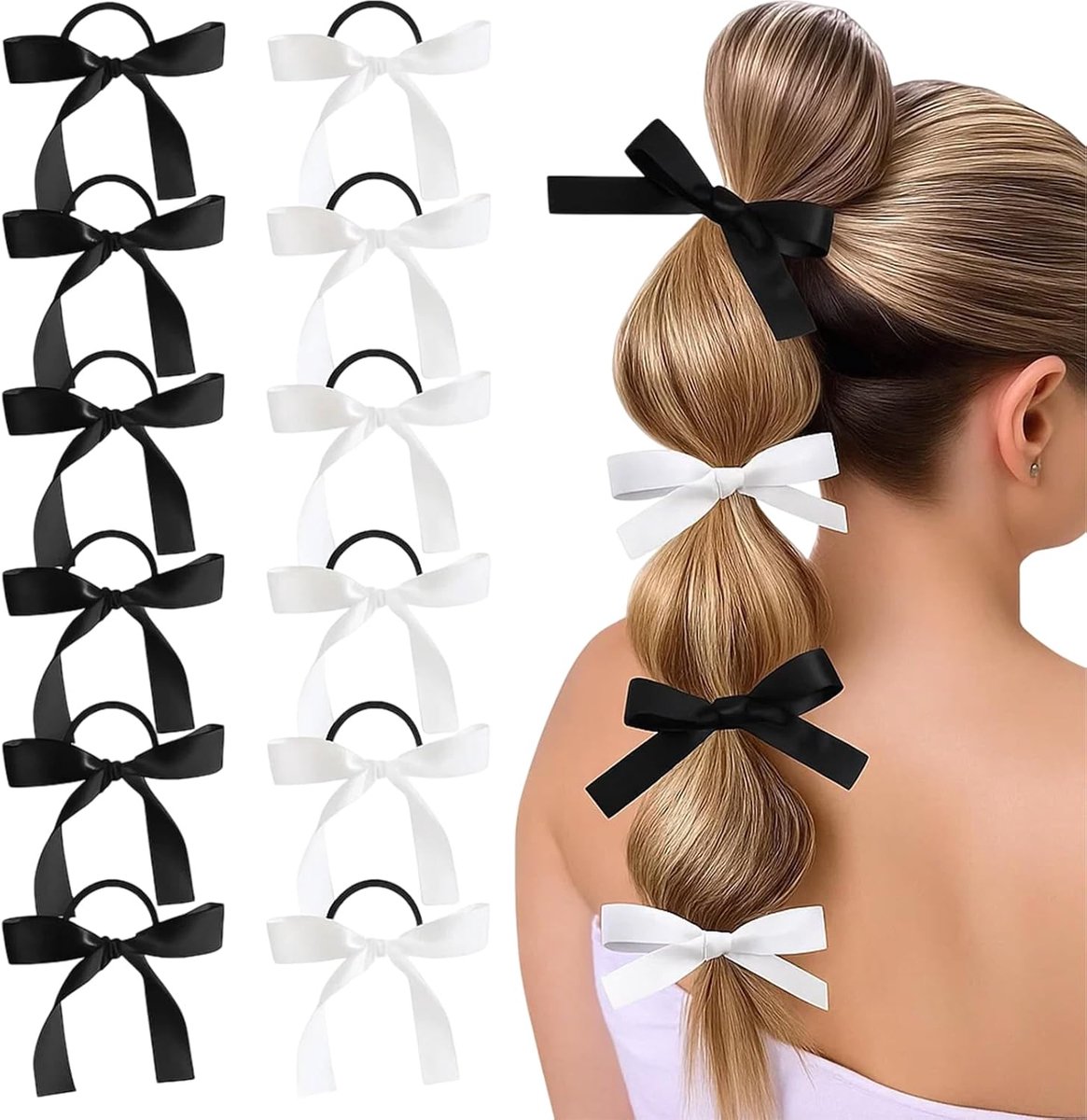 Hair Bands with Bows, 12 Pieces Black and White Ponytail with Silky Bow Bands, Cute Hair Accessories with Bowknot No - ShopVlot