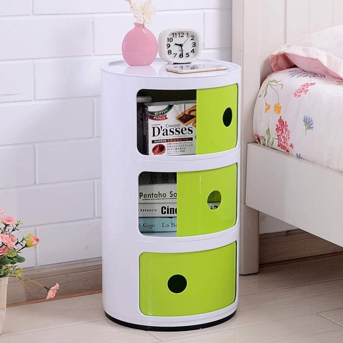 Mini bedside table round made of plastic 3 Strati Bianco-verde - ShopVlot