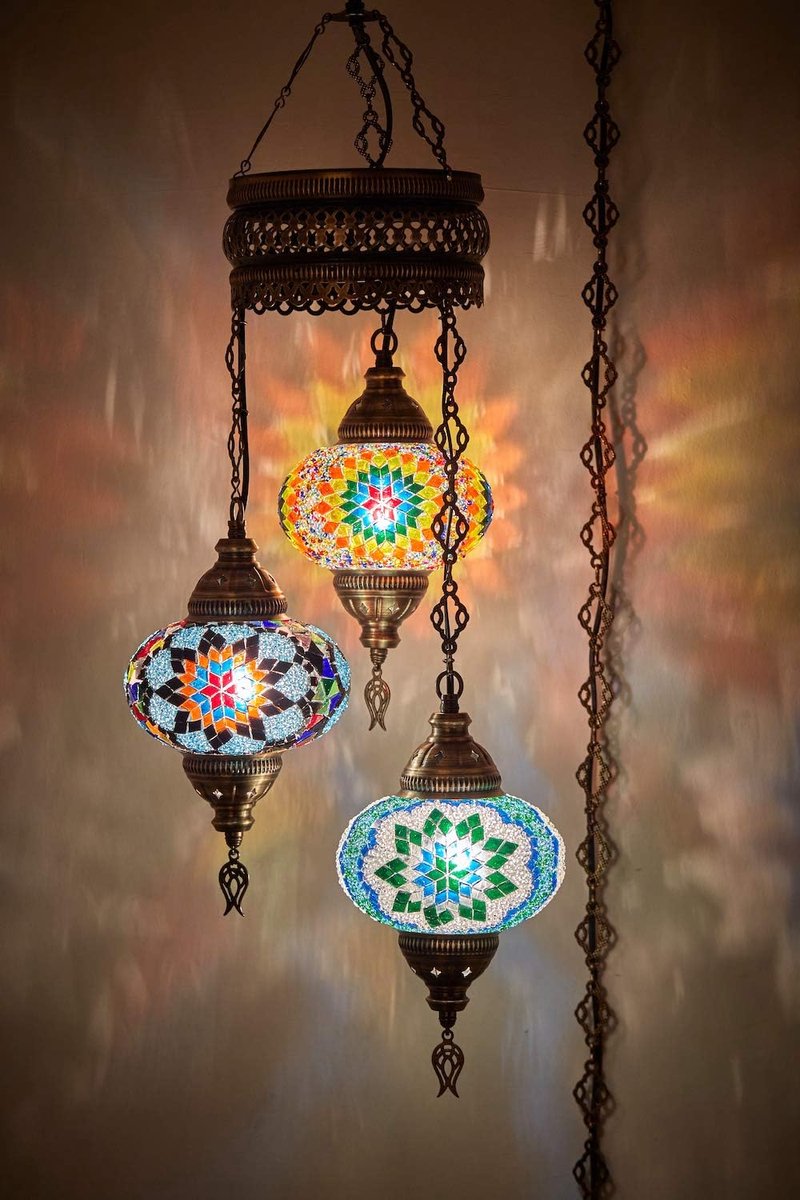DEMMEX Customizable Turkish Moroccan Mosaic Swag Pluggable Chandelier Ceiling Light Hanging Lamp, 3 Large Bulbs - ShopVlot