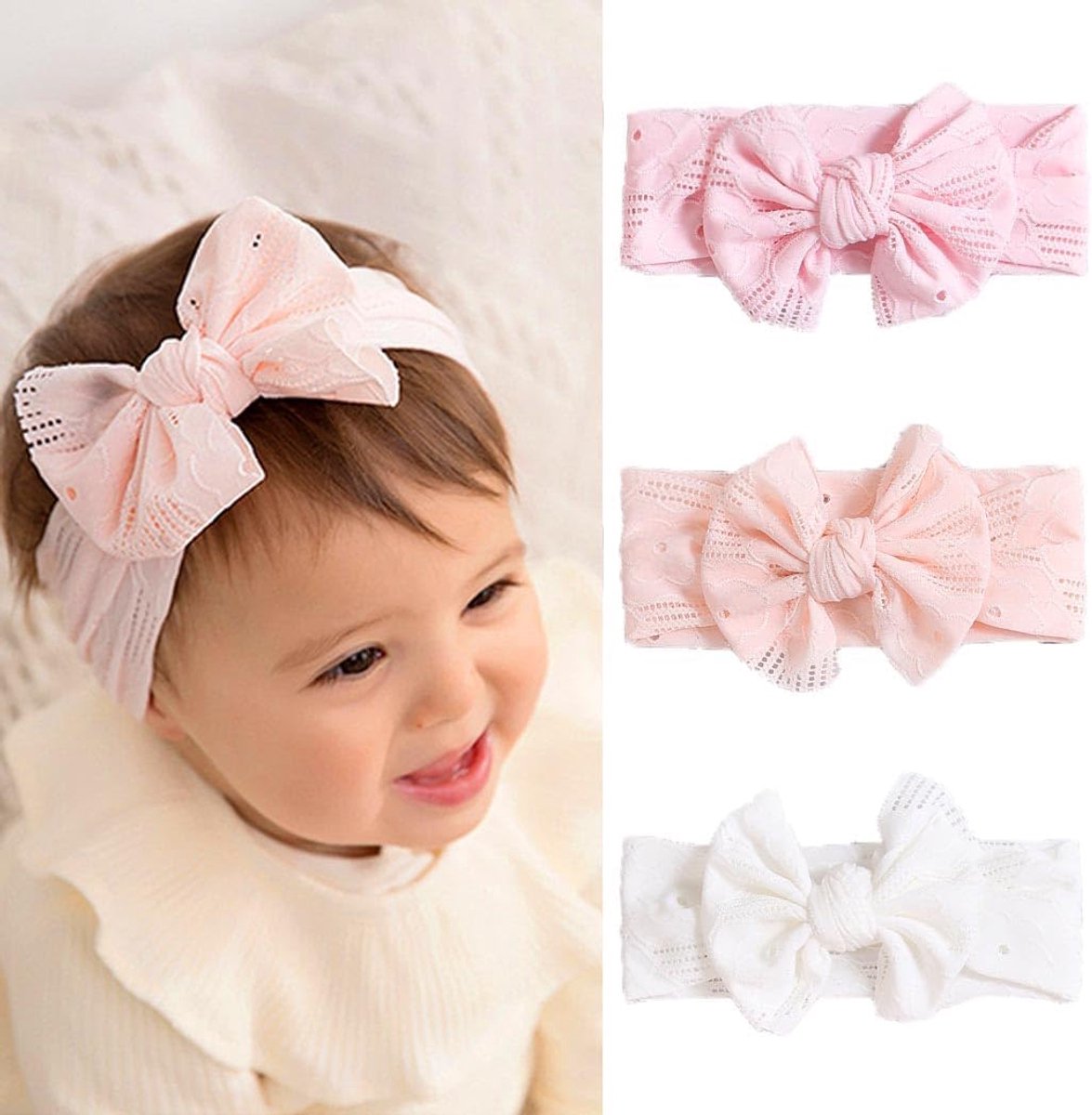 Baby Girl Nylon Headbands Bow Elastic Hairbands Soft Cute Headwear for Kids Infants Toddlers (Pack of 3) (Pink) - ShopVlot