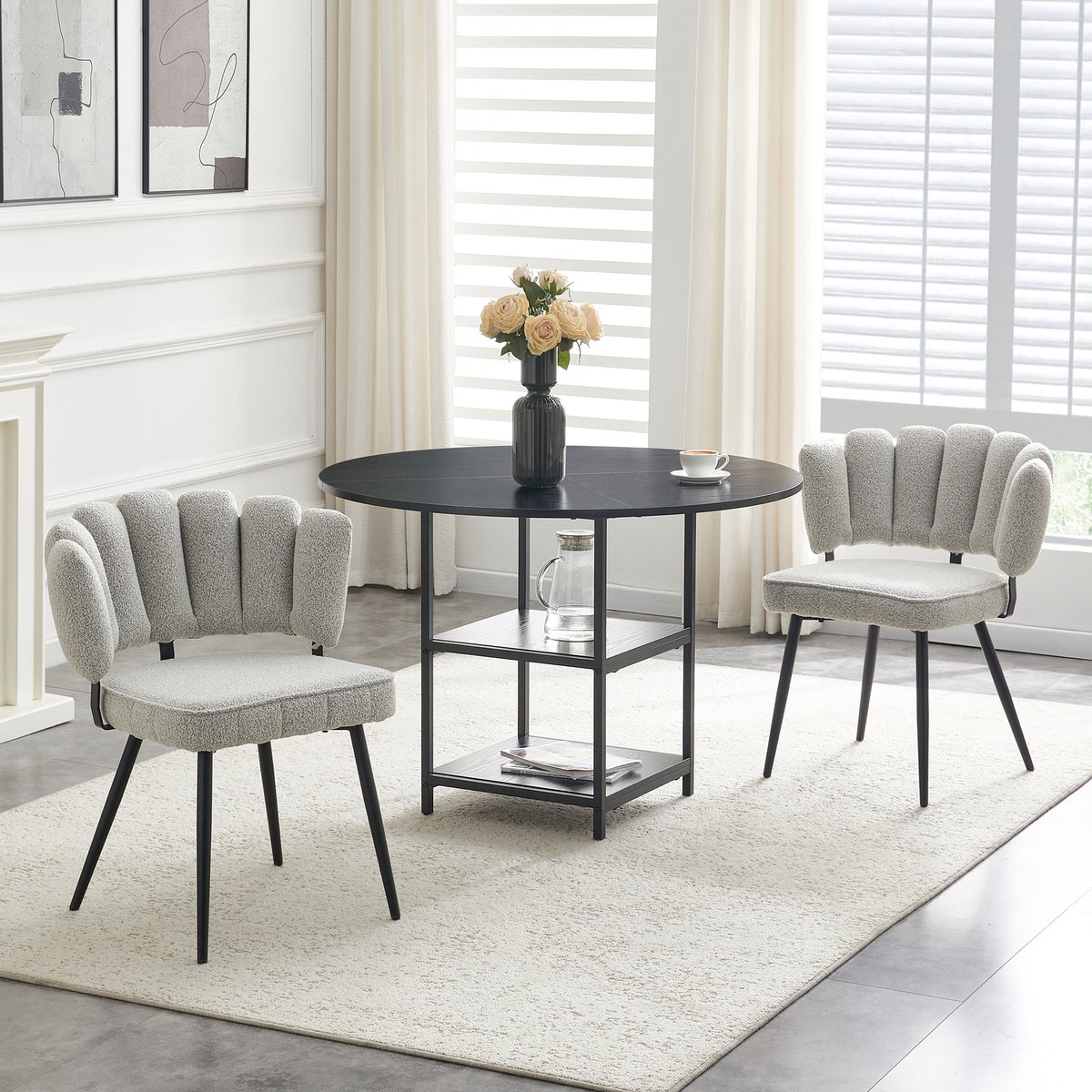 COVREO Eettafelset 107 cm rond, zwart metaal, 2 lichtgrijze stoelen met opbergniveaus
