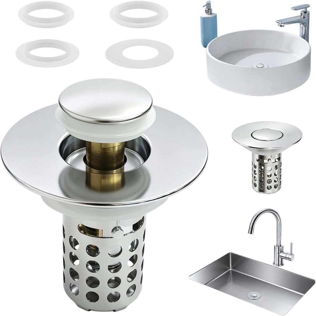 Wastafelstop, 3-in-1, 28-58 mm, roestvrij staal, messing, chroom - ShopVlot