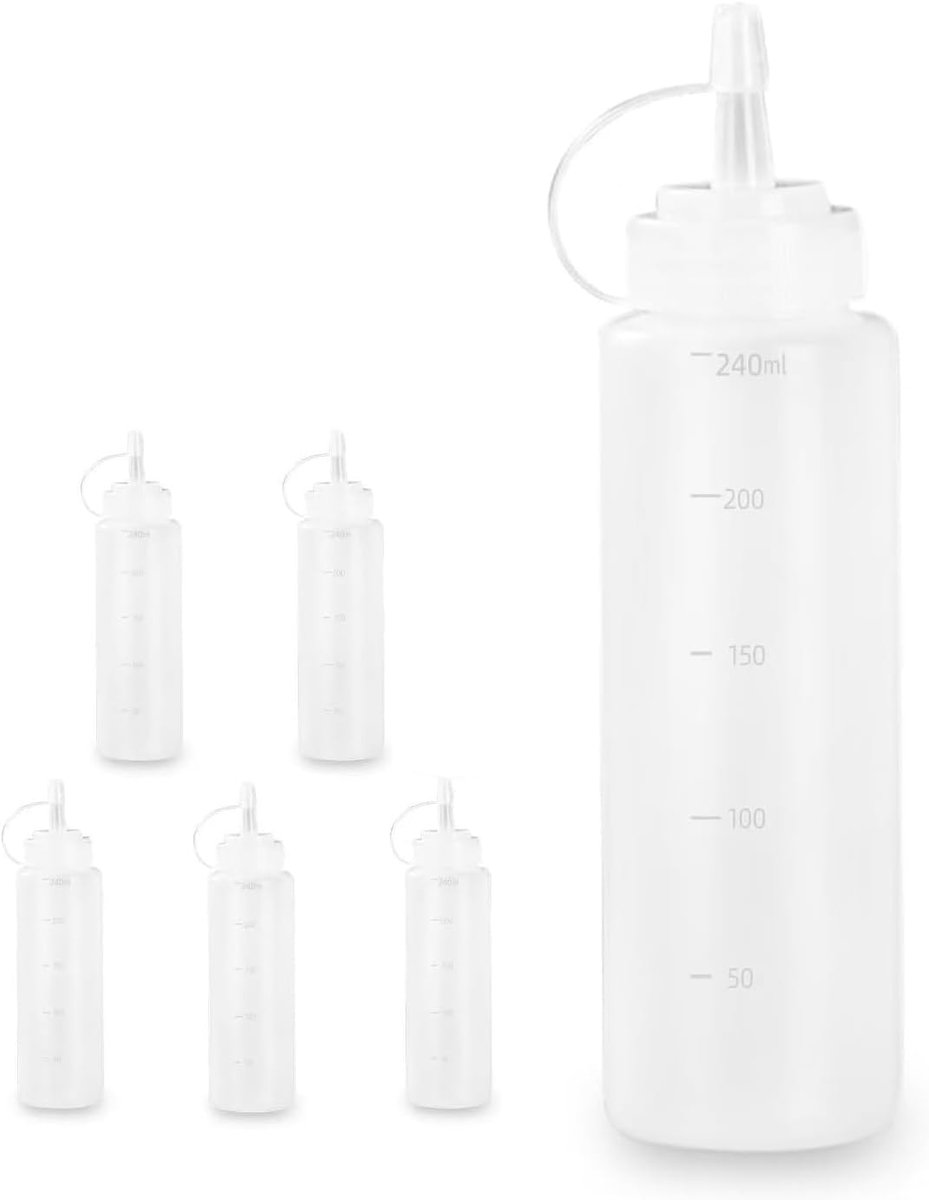 Set van 6 sapflessen met deksel, 240 ml, kunststof sausflessen, doseerflessen voor verschillende sauzen, transparant - ShopVlot