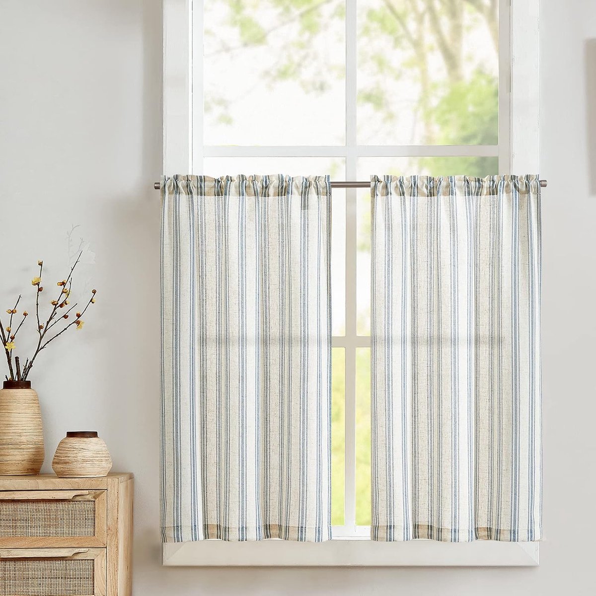 Vangao Curtains, Modern Kitchen, Blue, Linen Look Striped, Bistro Curtain, Set of 2, 65 x 60 cm (W x H), with Rod - ShopVlot