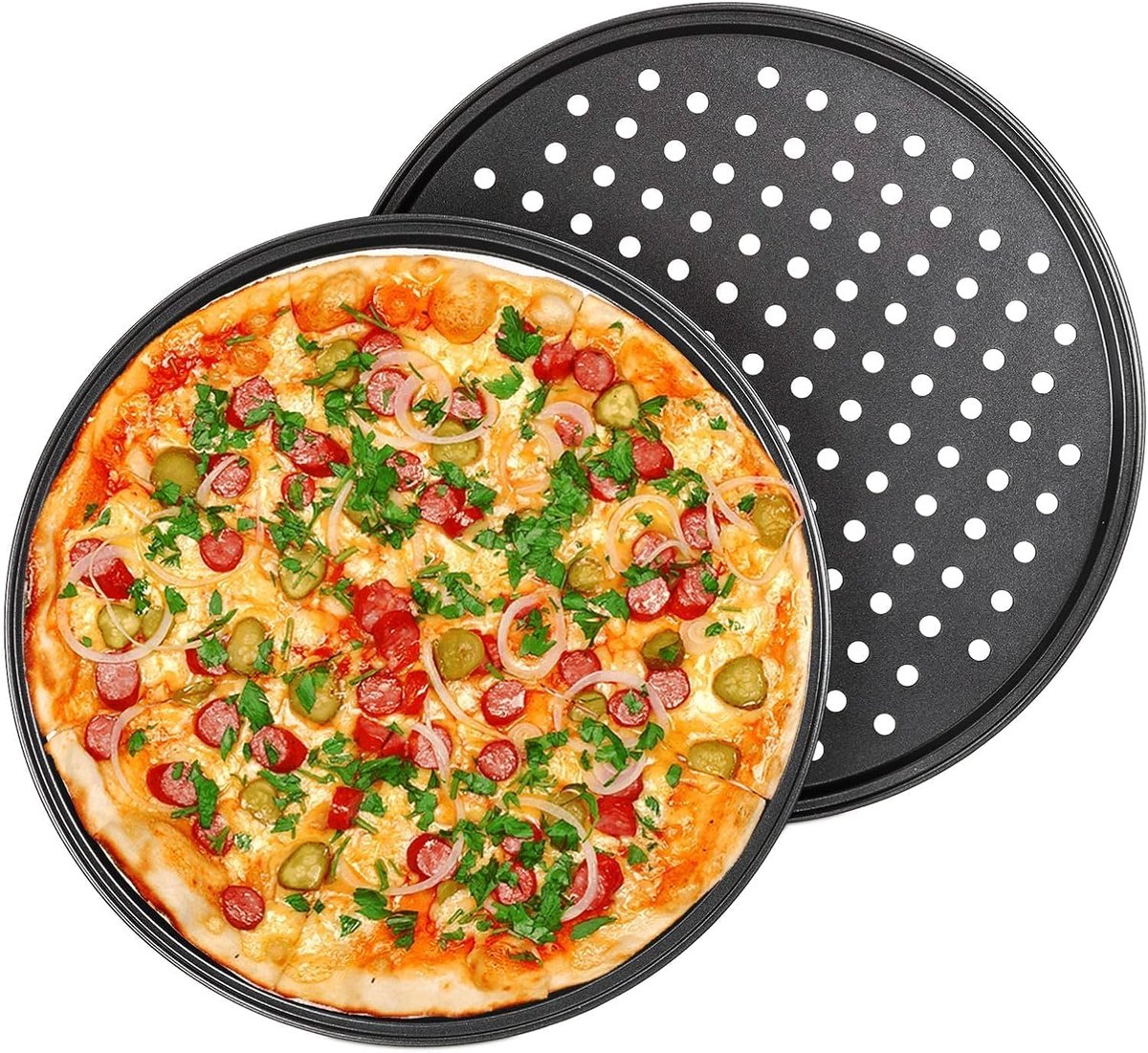 Pizza Baking Plate Set of 2 Round Pizza Plate with Non-Stick Carbon Steel Pizza and Cake Diameter 32 cm Black - ShopVlot