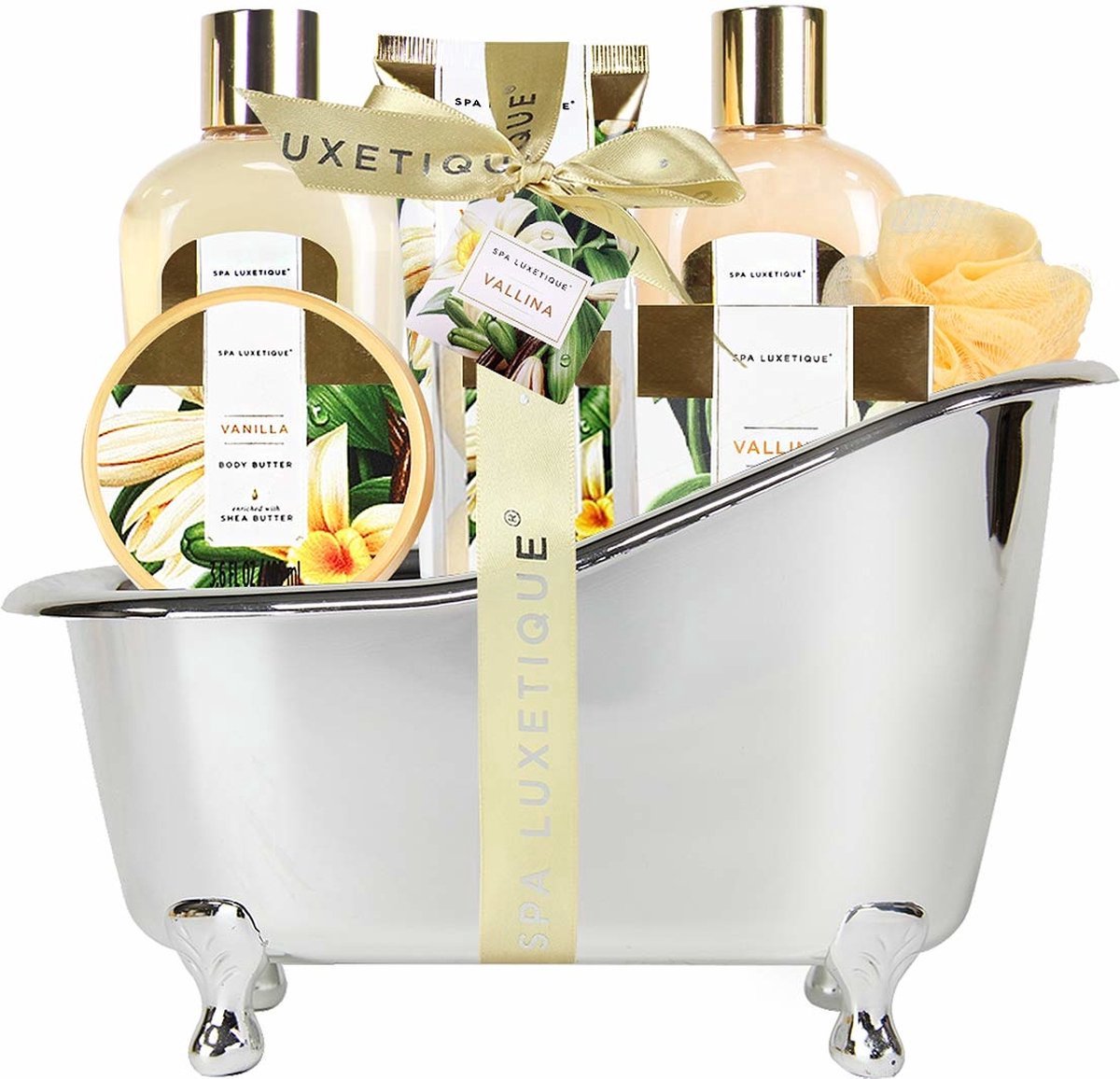 Spa Luxetique - Vanilla Gold - Geschenkset Vrouwen - Verwenpakket Dames - Cadeaupakket in zilveren badkuip - wellness bath - Verjaardag cadeau vrouw - Kado vrouwen, moeder, vriendin, zus, oma, mama - Giftset Cadeautje volwassenen