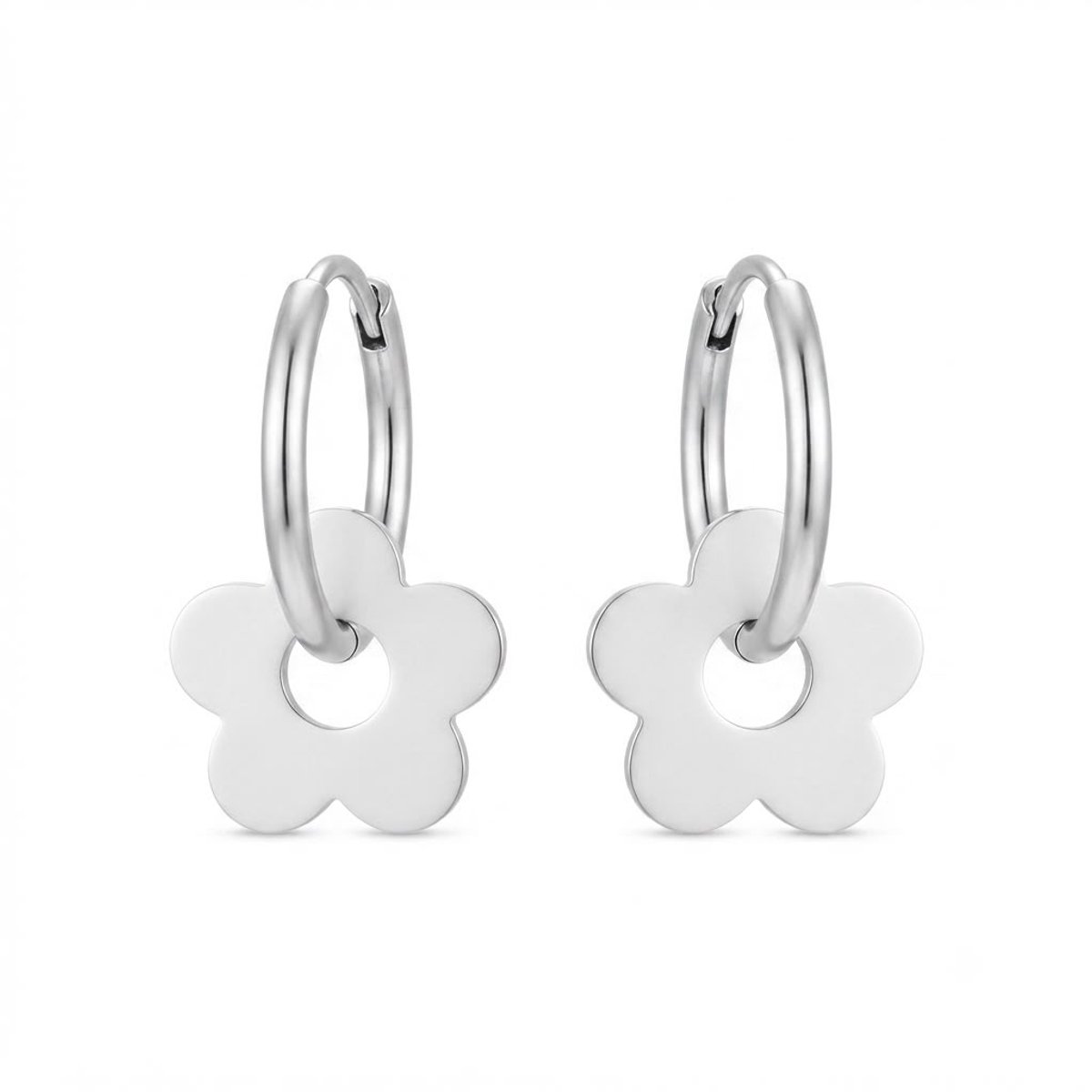 Oorringen Dames Zilverkleurig – Oorbellen met Bloem – Kleine Oorringen 12 mm – 316L Chirurgisch Staal – Bloemen Oorbellen Dames