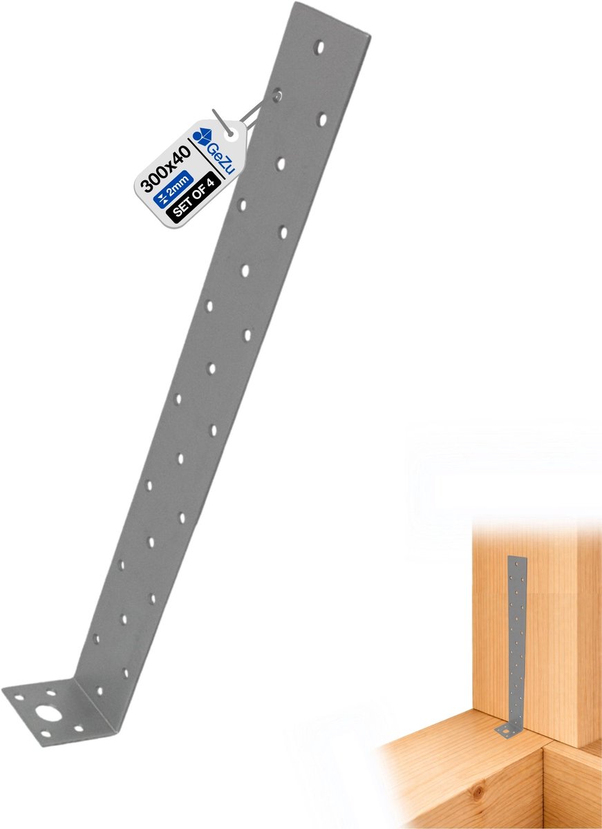 GeZu Impex Plat Staalanker Gegalvaniseerd Set van 4 300 x 40 mm plat anker hoekverbinder balkverbinding hoekijzers verbindingshoeken