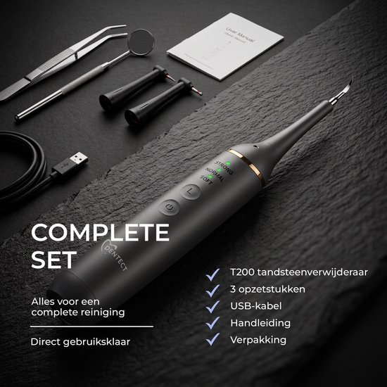 Compleet set met Dentect T200 tandsteenverwijderaar, 3 opzetstukken, USB-kabel, hand- en verpakkingsinstructies.