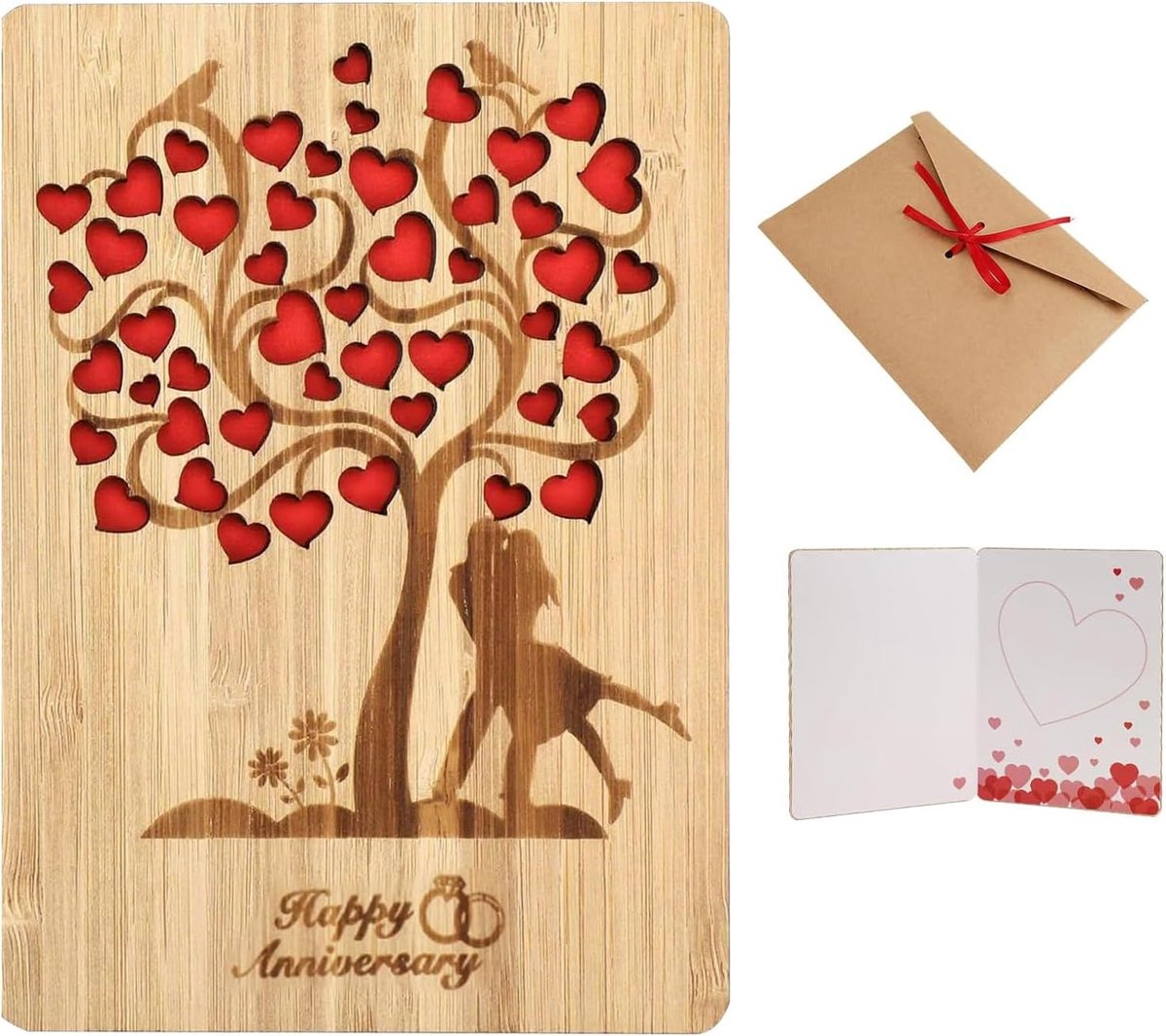 Wooden Greeting Card with Envelope - Wedding Card 10 x 15 cm with Heart, Writable for Wedding, Birthday, Anniversary - ShopVlot