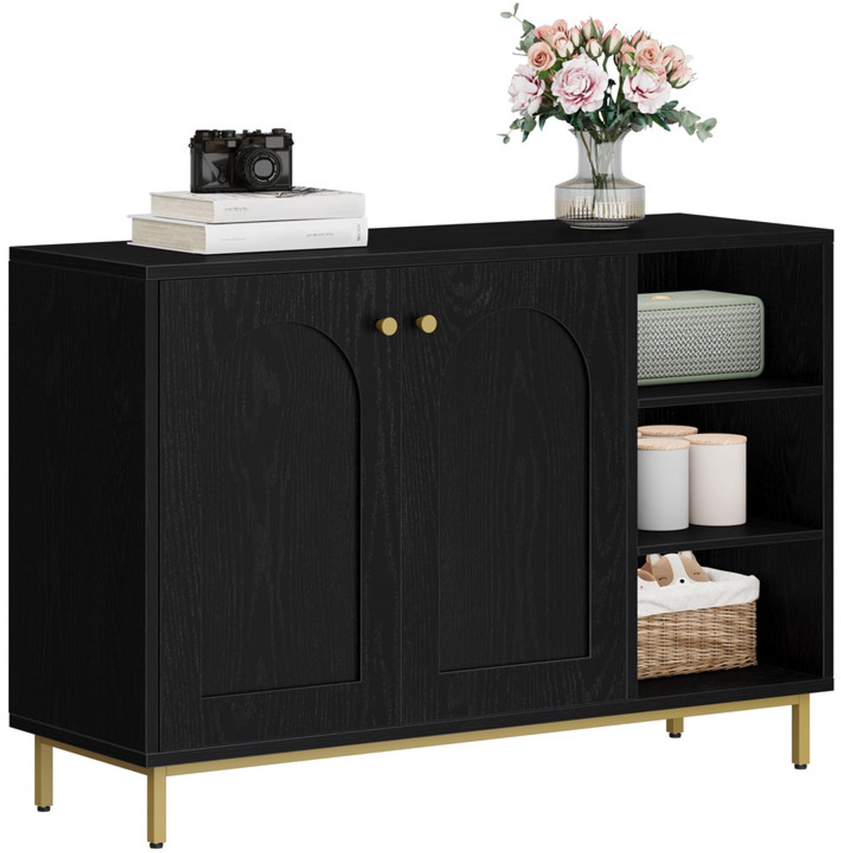 Hzuaneri Badkamerkast, Keukenkast met 2 deuren, Bijzetkast, Dressoir met open vak, Commode, Verstelbare plank, Badkamer, 35 x 100 x 75 cm, Zwart