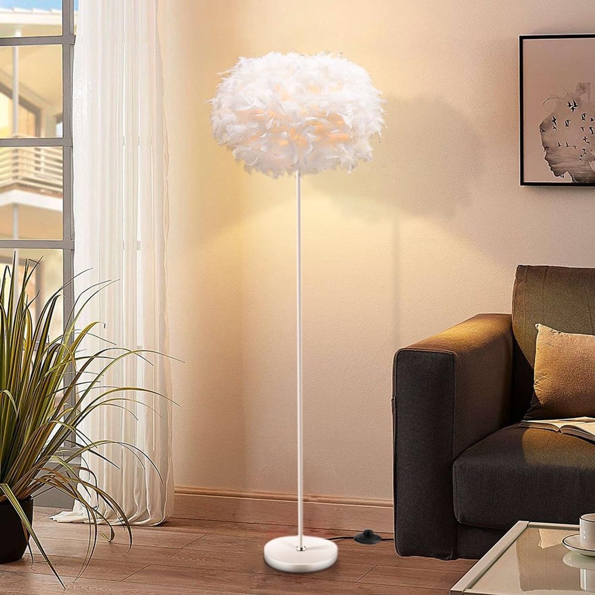 Salong Earth Lamp, LED Ground Lamp, White Feathers, E27 Lamp Head, Common, Ideal for Salon, Bedroom, Studio - ShopVlot