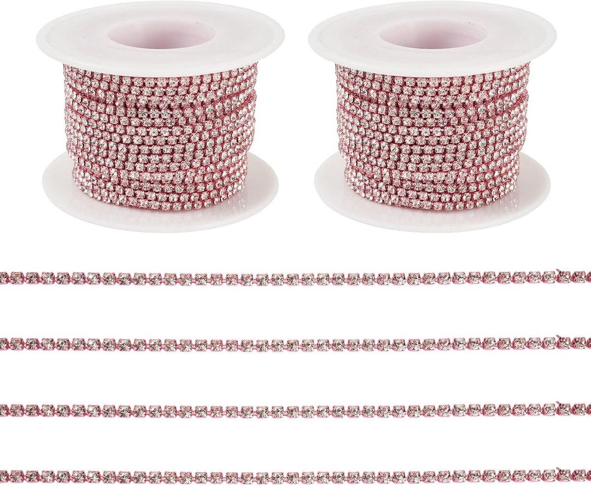 Crafans 2 Roll Crystal Rhinestone Close Necklaces Pink Iron Rhinestone Cup Chain Sparkling Clear Rhinestones Trimming - ShopVlot