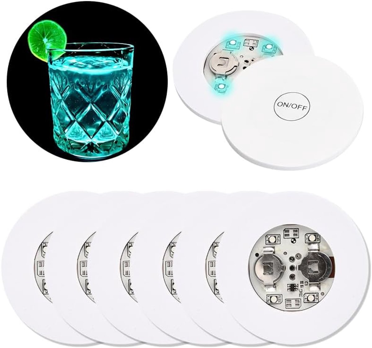 Jinlaili Pack of 6 LED Coasters, Colorful Illuminated Drink Coasters, LED Stickers for Bottle, 7 Colours, LED Coasters - ShopVlot