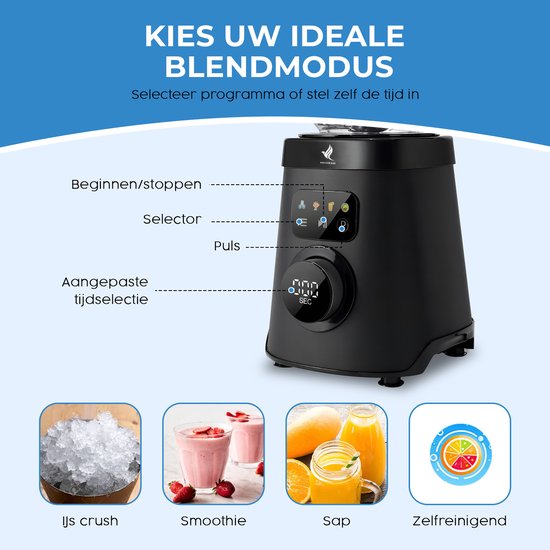 NovaWare Blender - 1.5L - 1000W Smoothie Maker - Incl. Koffiemolen / Bonenmaler Functie 250ML - Met Display - Glas - Zwart van NovaWare — afbeelding 3