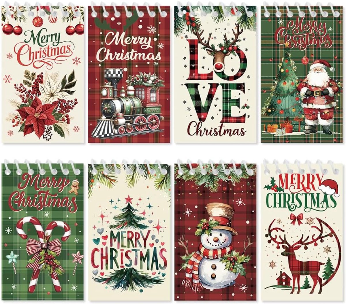 8pcs Christmas notepads, holiday style memopad mini spiral notebooks reindeer snowman santa tartan plaid pattern small - ShopVlot
