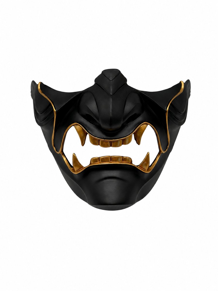 Japans Oni Halfmasker Zwart Goud – Samurai Demon Masker met verstelbare riempjes – Cosplay & Halloween