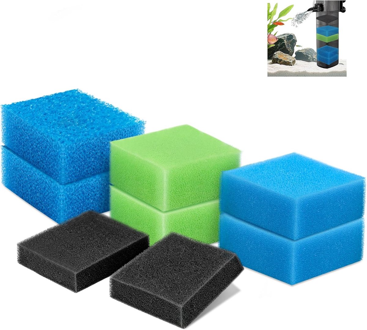 Set filtermedia 8 stuks (2 x blauwe sponzen (fijn), 2 x blauwe sponzen (grof), 2 x groene sponzen en 2 x actieve - ShopVlot