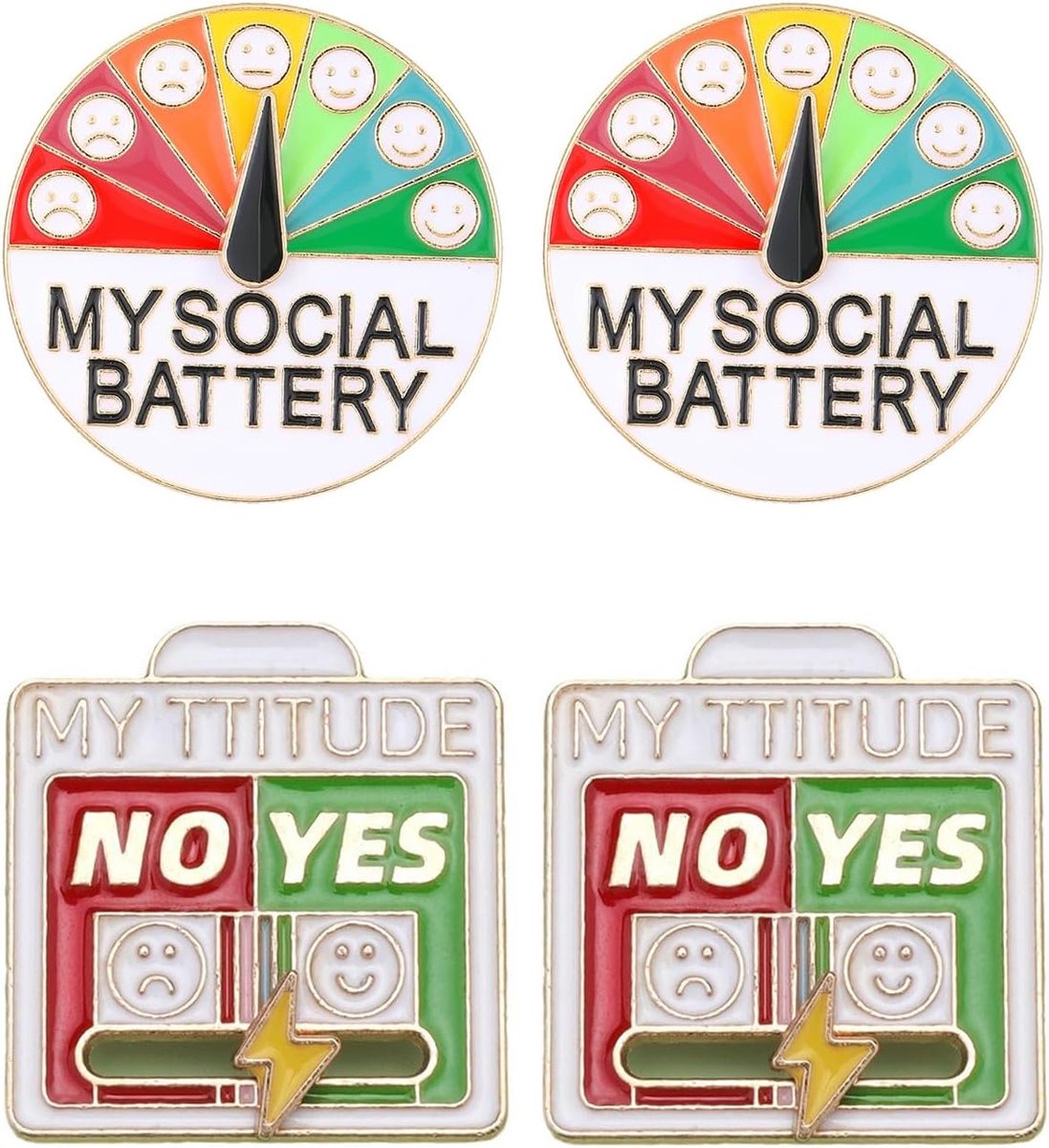 Social Battery Pins, 4 stuks, goud, interactieve My Social Battery Emaille schuifregelaar. Druk je energie en stemming - ShopVlot