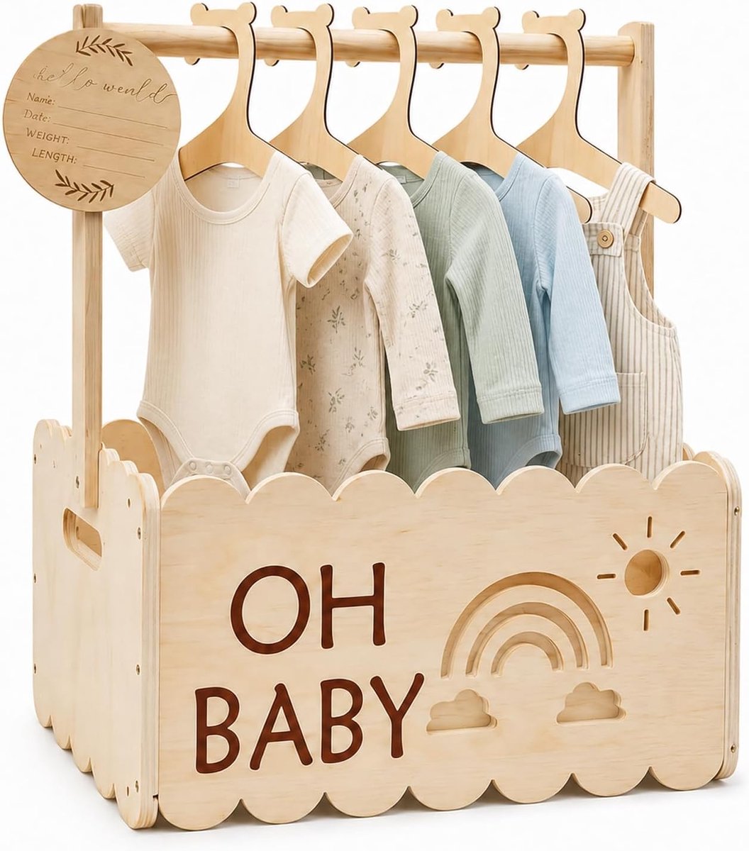 Houten babyshower cadeau met handvat, opbergmand voor baby's, houten babygeschenkmand, babymand voor pasgeborenen - ShopVlot