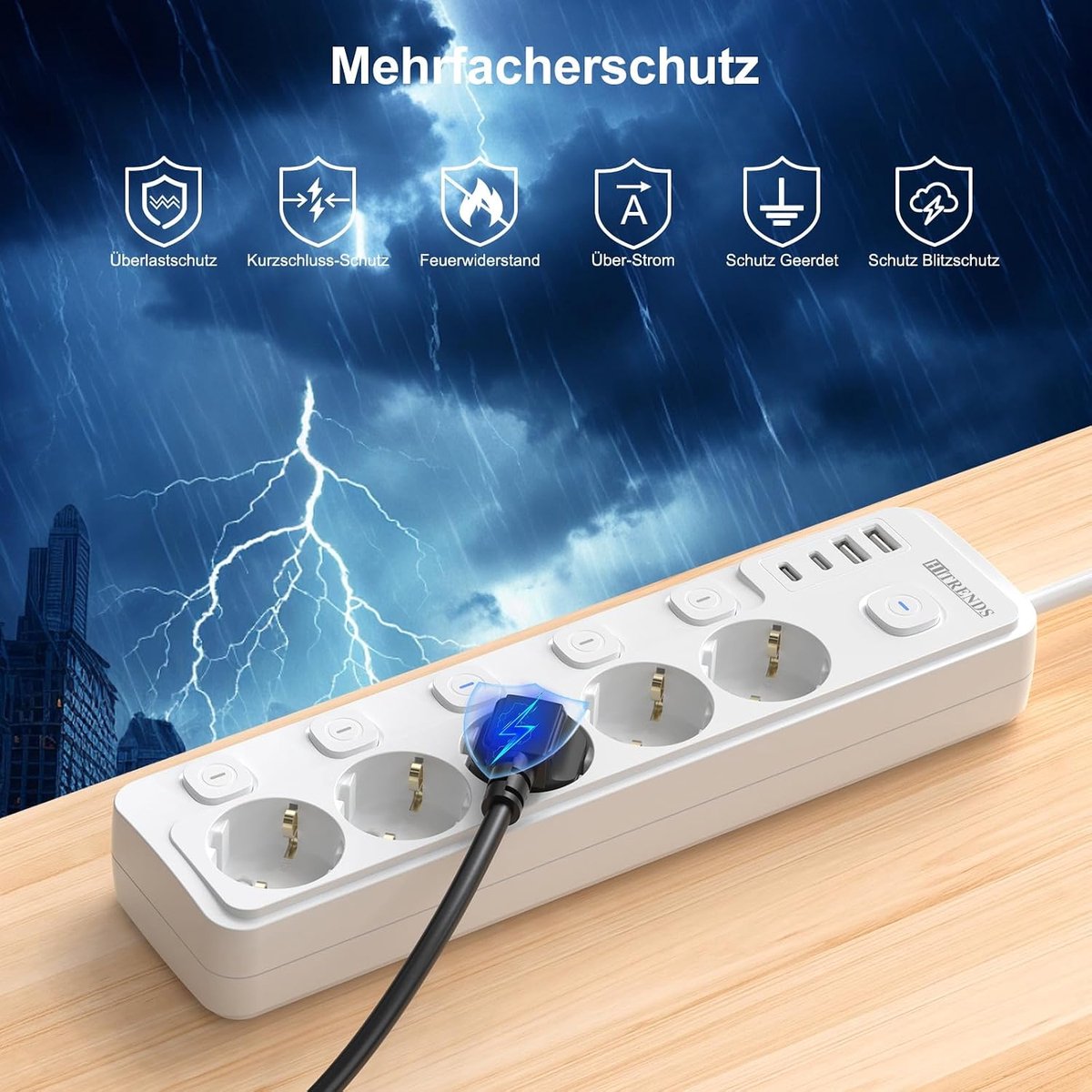 5-voudige stekkerdoos met individuele schakelaar, meervoudige stekkerdoos met 2 USB A en 2 USB C - ShopVlot