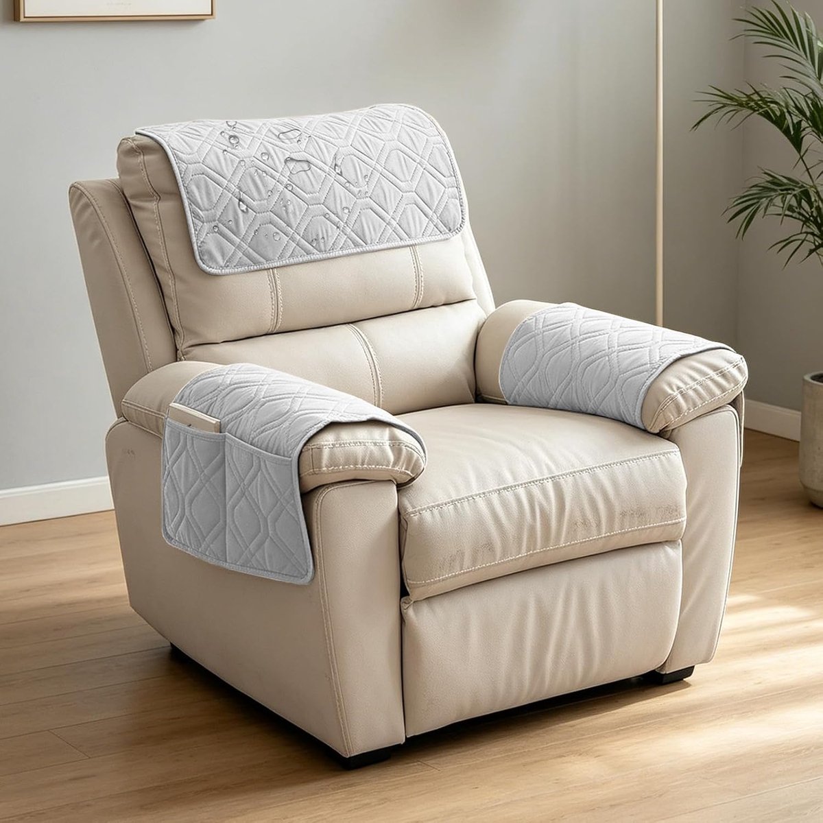 Armrest Protectors (3-Piece) – Chair Protector for Recliner with 2 Compartments (Light Grey, 1 Seater) - ShopVlot