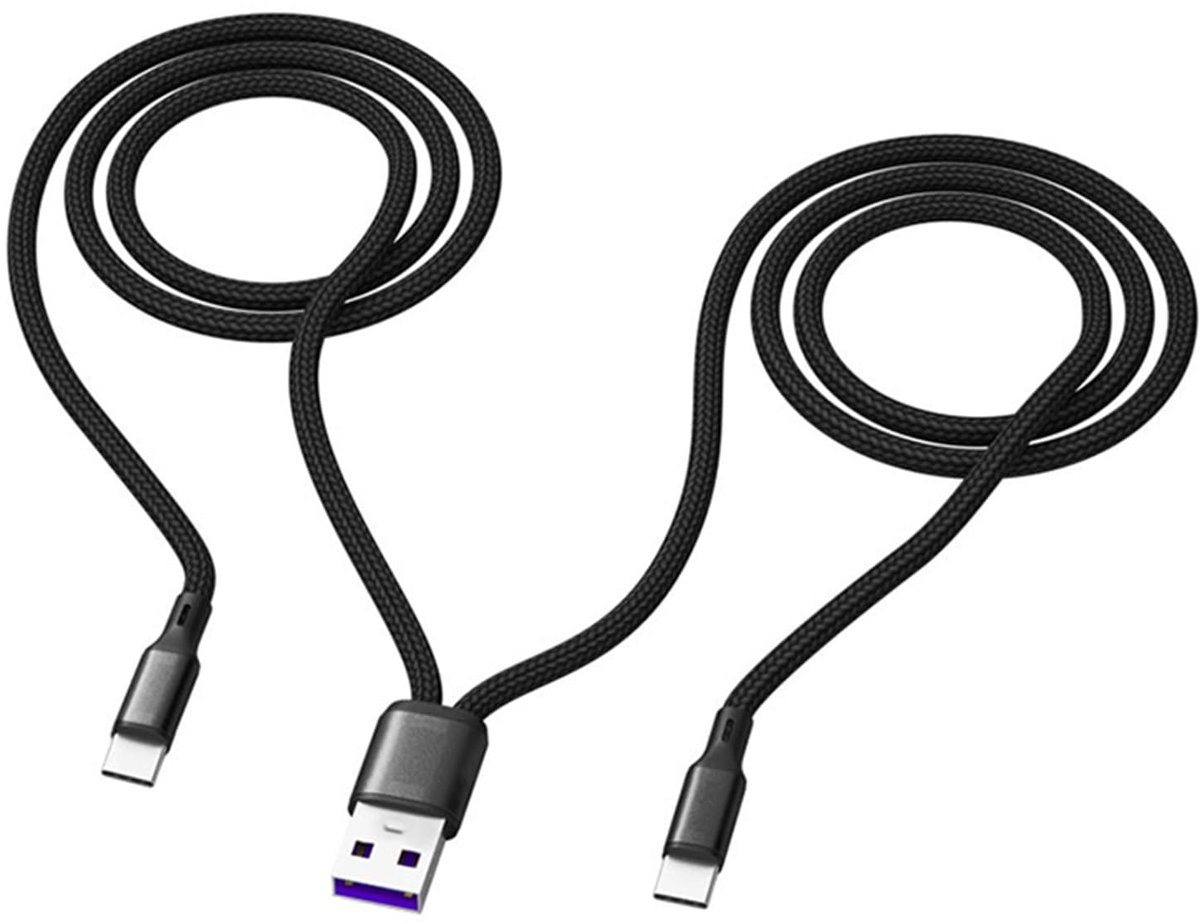 Multi-oplaadkabel 1,2m - nylon gevlochten - 5A dual USB-C splitter - gelijktijdig opladen van 2 apparaten - ShopVlot