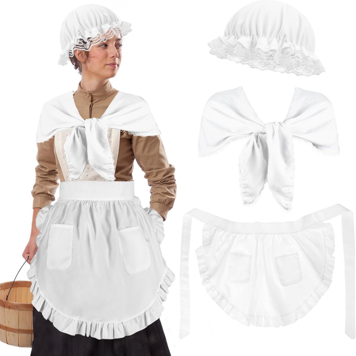 Pilgrim kostuumset voor vrouwen - 3-delig - bonnetje, schort en muts - ideaal voor Halloween en cosplay - ShopVlot
