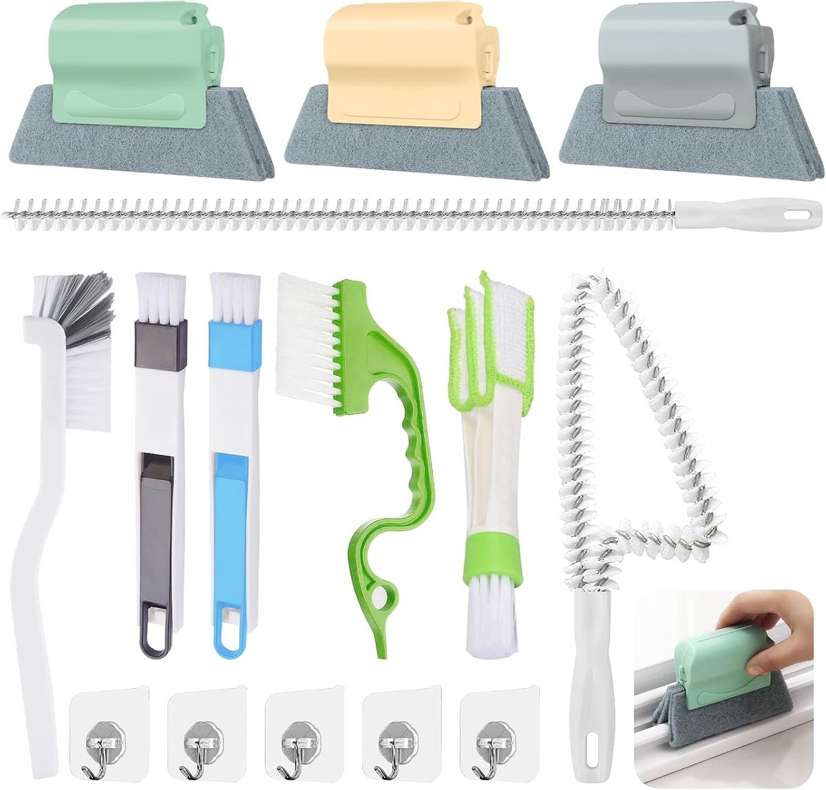 Venster Groef Reinigingsborstels Set - Multicolor - Diverse Afmetingen - Reinigingsset met 5 Haken - Voor Ramen, Jaloezieën en Badkamer