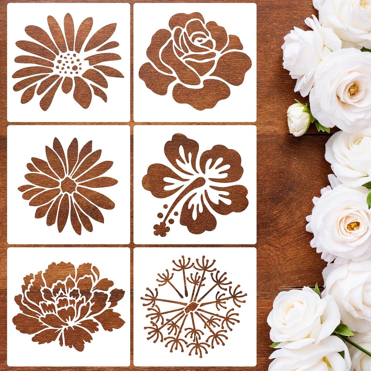 Schilderstencils grote bloemen - 6 stuks - herbruikbaar - voor houten muren en meubels - ShopVlot