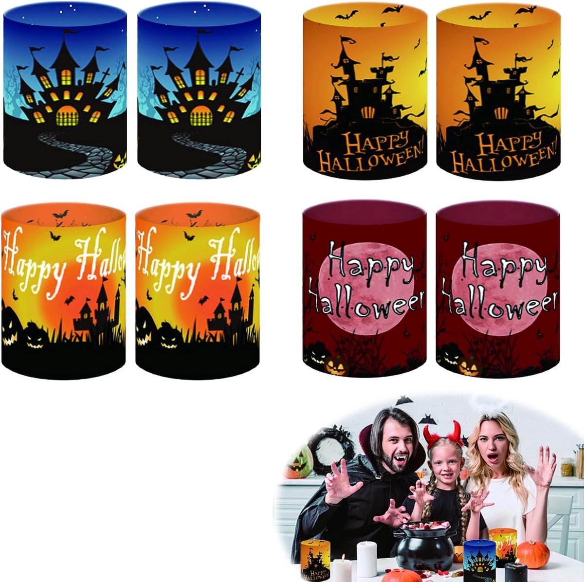Halloween lantaarns set van 8 - pompoen/vleermuis - heks/spinnenweb - sfeervolle decoratie voor binnen - ShopVlot