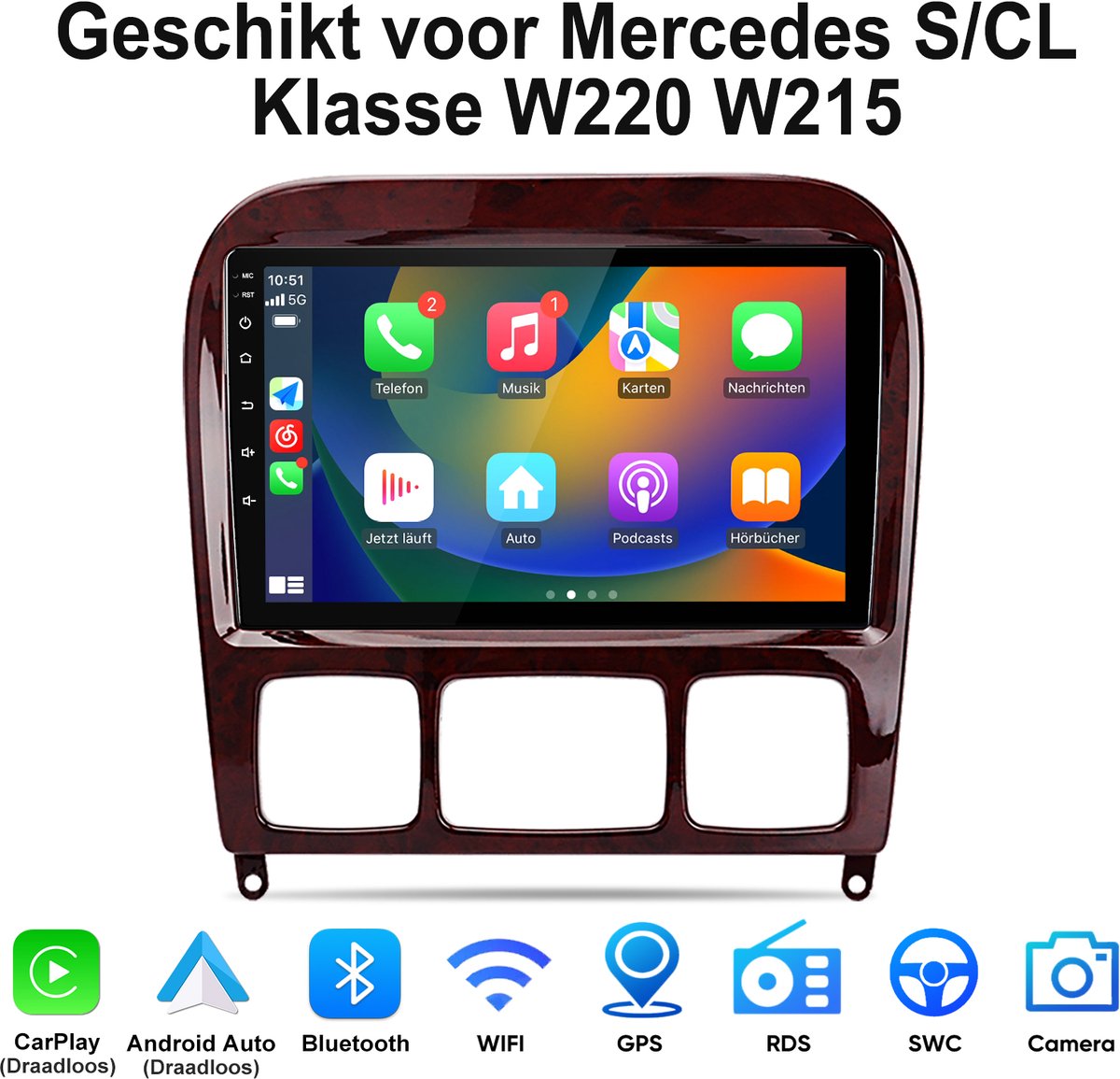Junsun Android 15 Draadloze CarPlay & Andriod Auto Autoradio Geschikt voor Mercedes S/CL Klasse W220 W215 - 9-inch Touchscreen - Bluetooth - GPS Navigatiesystem - WiFi - Stuurwiel bediening - RDS - FM - Handsfree bellen