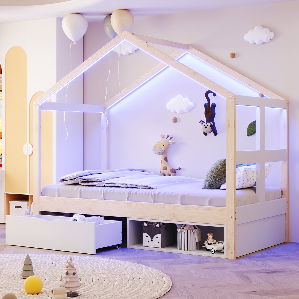 REDOM - Bed - Huisvormig met opberglades en schoenenkast - LED-verlichting - Voor kinderen en tieners - Hout en MDF - Natuurlijk hout - 195 x 94,5 x 173,7 cm