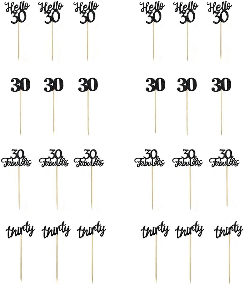 Cupcake toppers 30e verjaardag - zwart glitter - 24 stuks - feestelijke taartdecoratie - ShopVlot