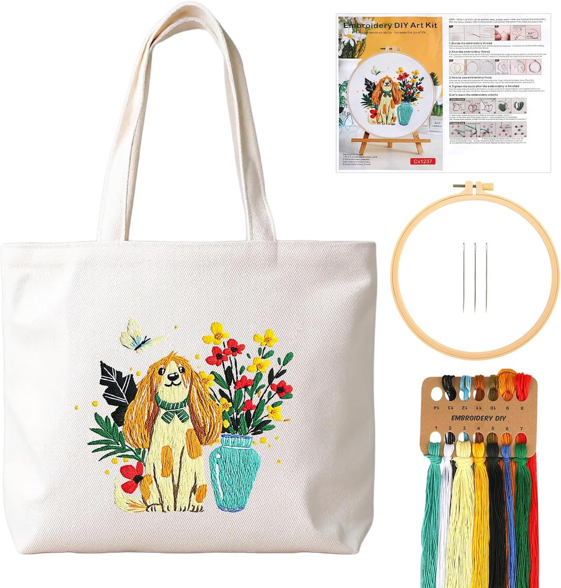 Tote bag borduurset - canvas - bloemenmotief - perfect voor beginners - ShopVlot