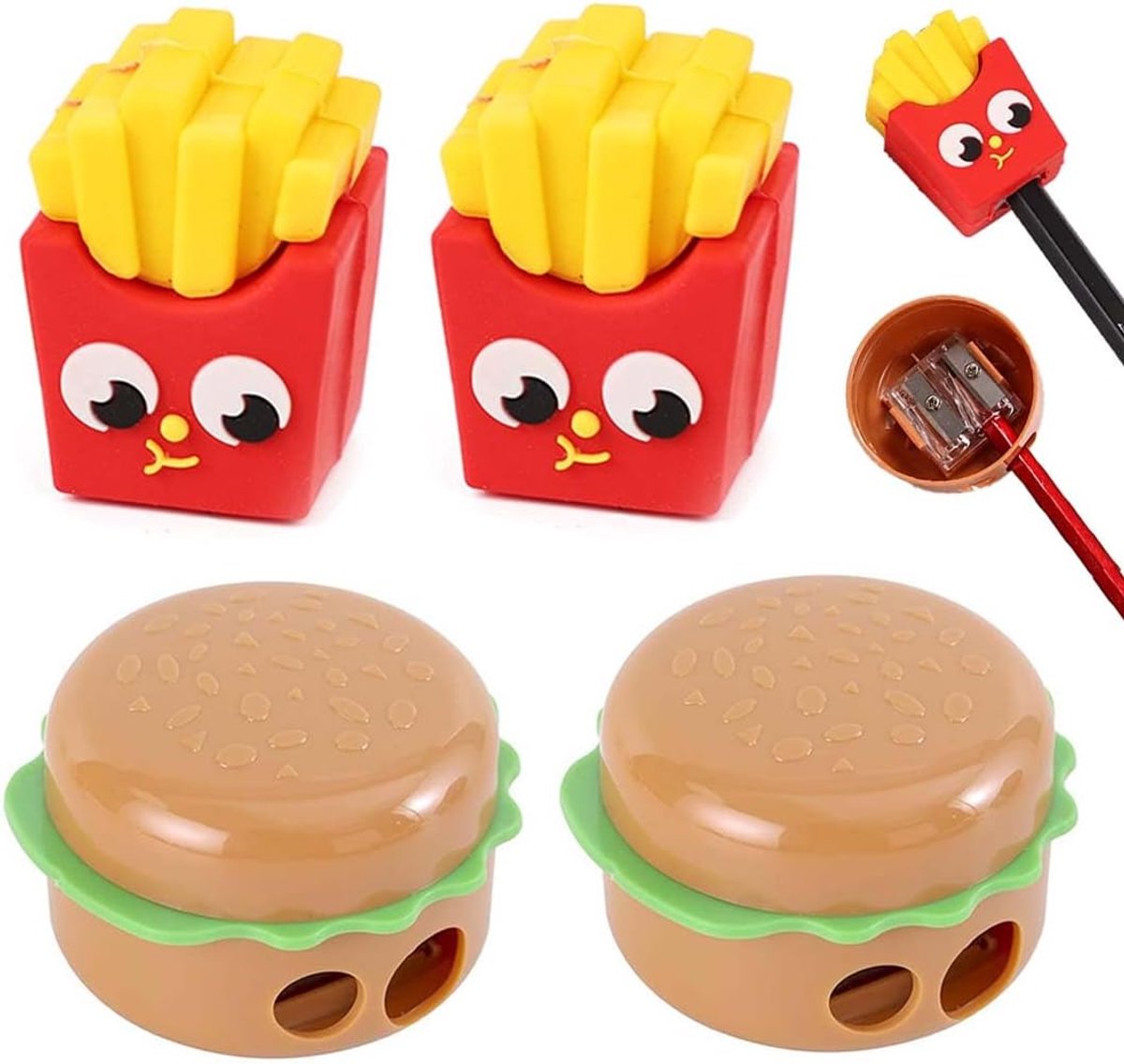 Potloodslijper met container - 4 stuks - hamburger- en frietdesign - creatief en compact - ShopVlot