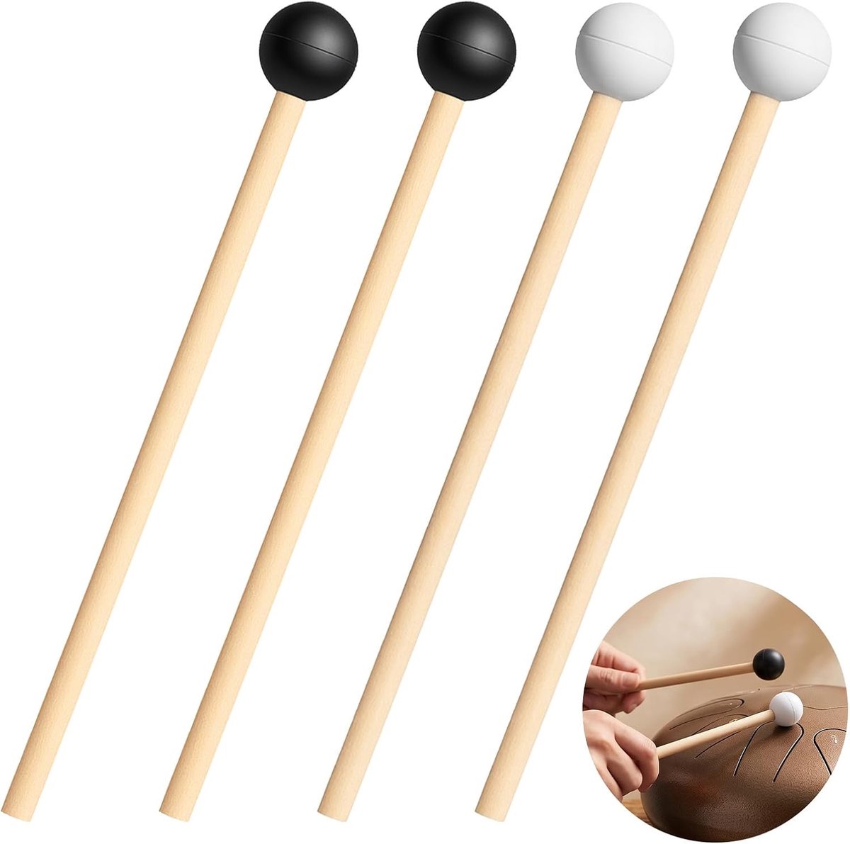 Tongtrommelset 4-delig - 15 cm rubberen hamers - houten handvat - ideaal voor percussie - ShopVlot