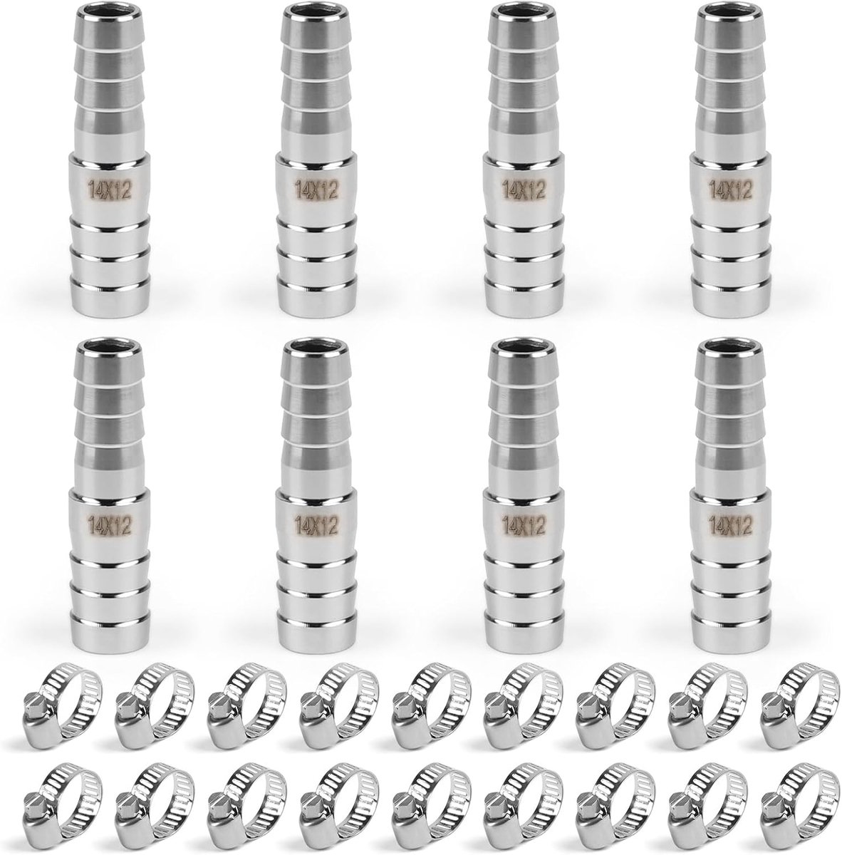 Hose adapter 14mm naar 12mm - roestvrijstaal - 8 stuks met slangklemmen - perfecte afdichting voor vloeistoffen - ShopVlot