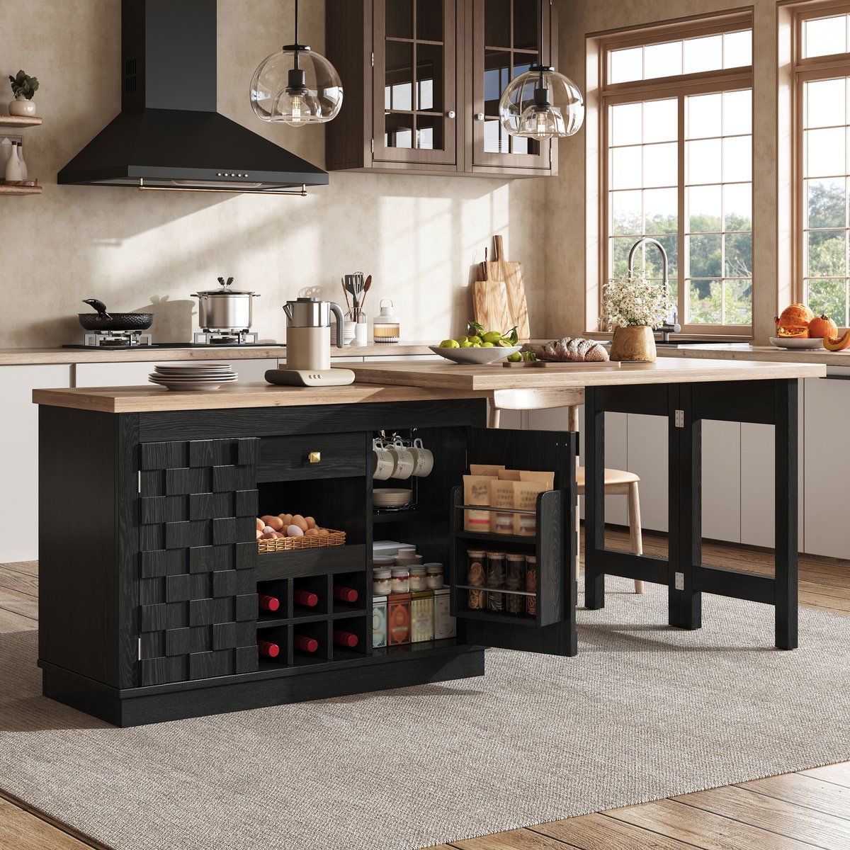 OKWISH Keukenkast – 360° Draaibaar En Uitschuifbaar – 120-197 x 40 x 74,2 cm – Met Lades, Wijnrek En Opbergruimte – MDF Zwart
