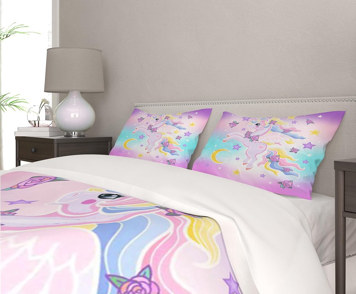 Unicorn Children's Bedding Set, Microfibre Bed Linen, Cartoon 3D Printed Duvet Cover, 3-Piece with Zip, Soft Girls - ShopVlot