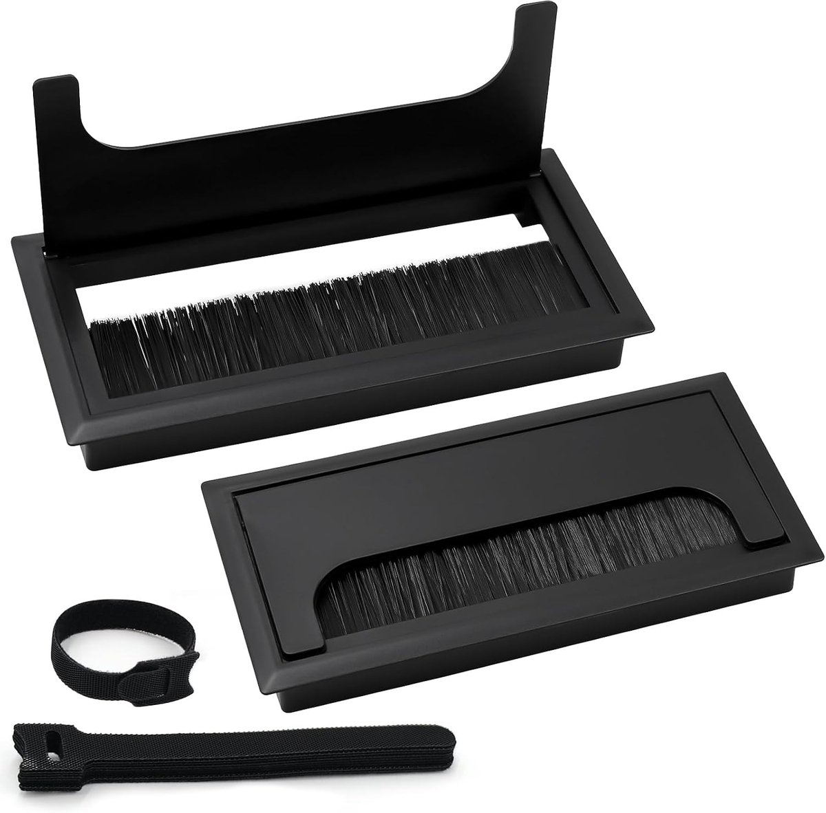 Set of 2 Desk Grommets, Rectangular Aluminum Alloy Cable Hole Cover with Brush, with 10 Cable Ties, 160x80mm Black - ShopVlot