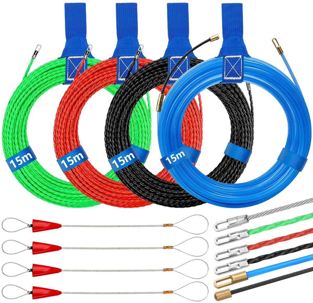 4 stuks kabelintrekhulp 15 m, intrekspiraal trekdraad met 8 geleidingsveer, intrekband φ3 mm, kabelintrekhulp - ShopVlot
