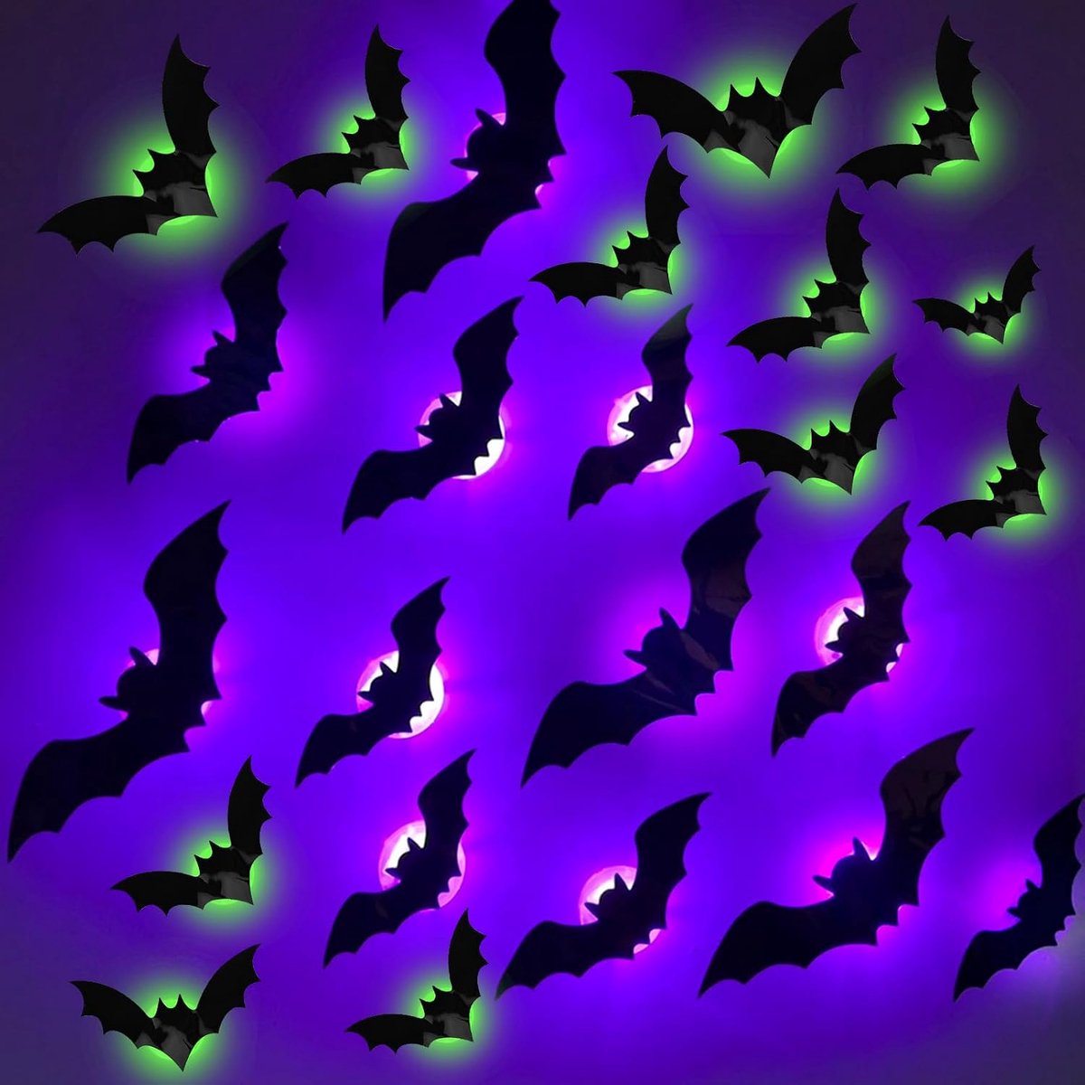 24 Pieces Halloween Decoration LED Bat Lights 3D Bat Lights Purple Green Decoration Halloween Party Window Decoration - ShopVlot