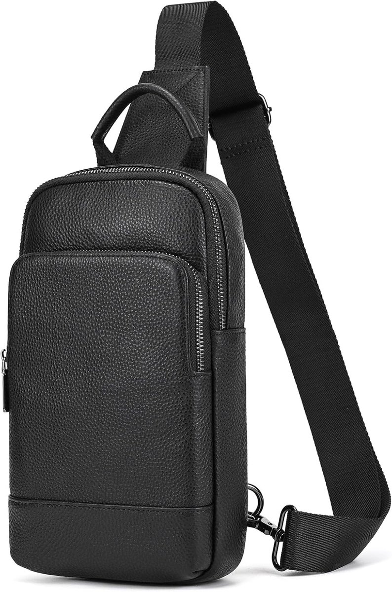Leather Chest Bag Men Leather Shoulder Bag Business Leisure Crossbody Bag Travel Work Small Handbag 9339 Black,Black - ShopVlot