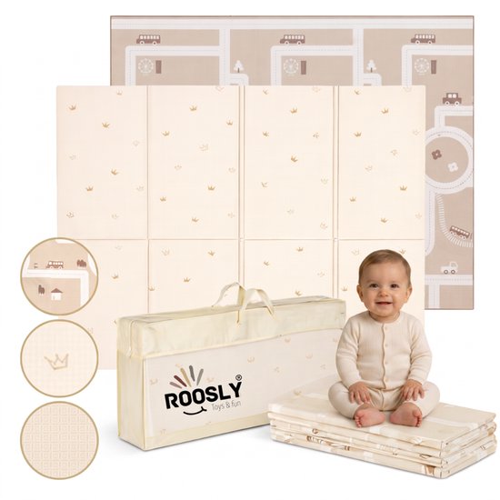 Beige speelmat, dubbelzijdig met neutrale zijde en speelgoedzijde met wegenpatroon. Inclusief opbergtas. Een baby zit op de opgevouwen mat.